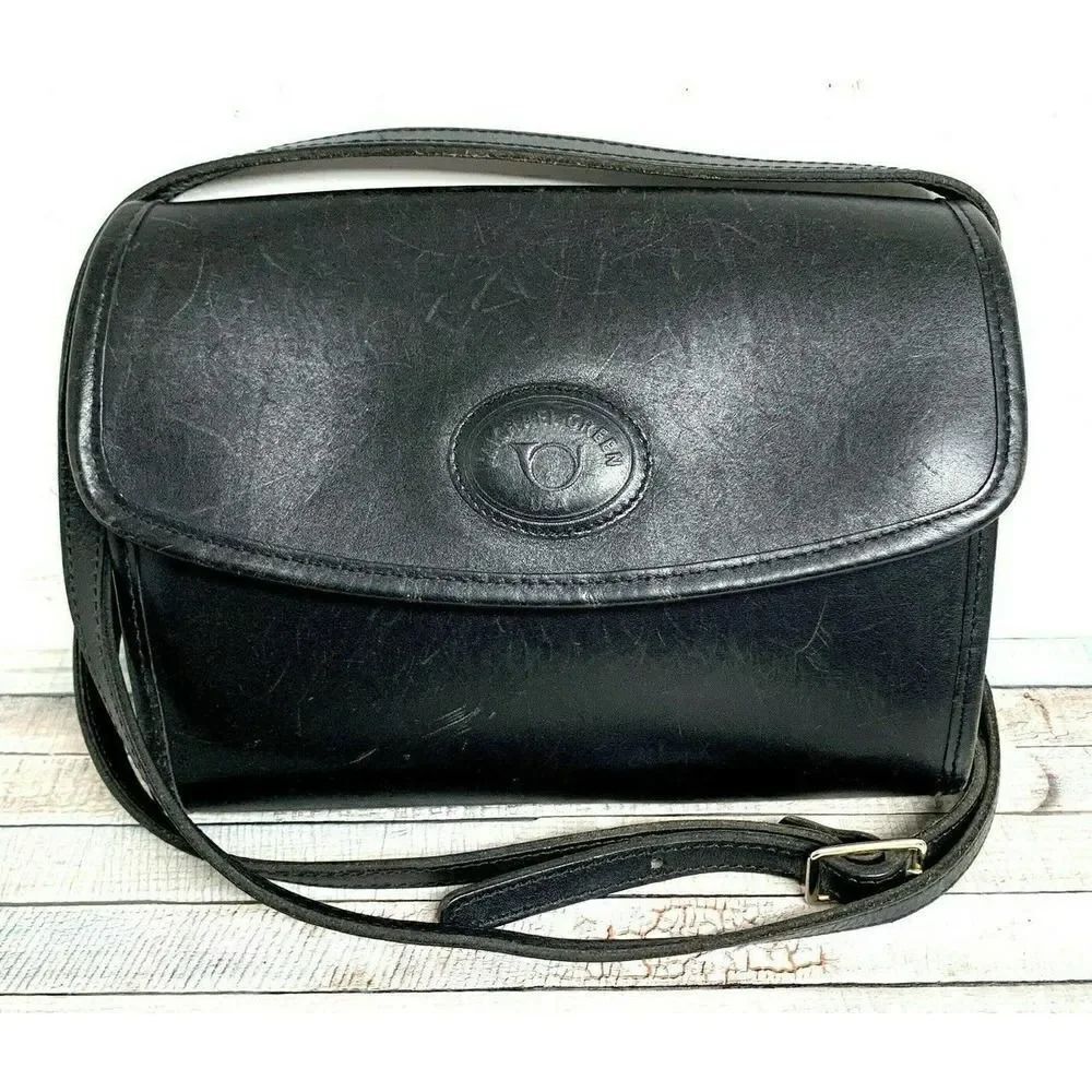 VTG MICHAEL GREEN BLACK SADDLE GENUINE LEATHER FLAP SHOULDER BAG HANDBAG X-BODY